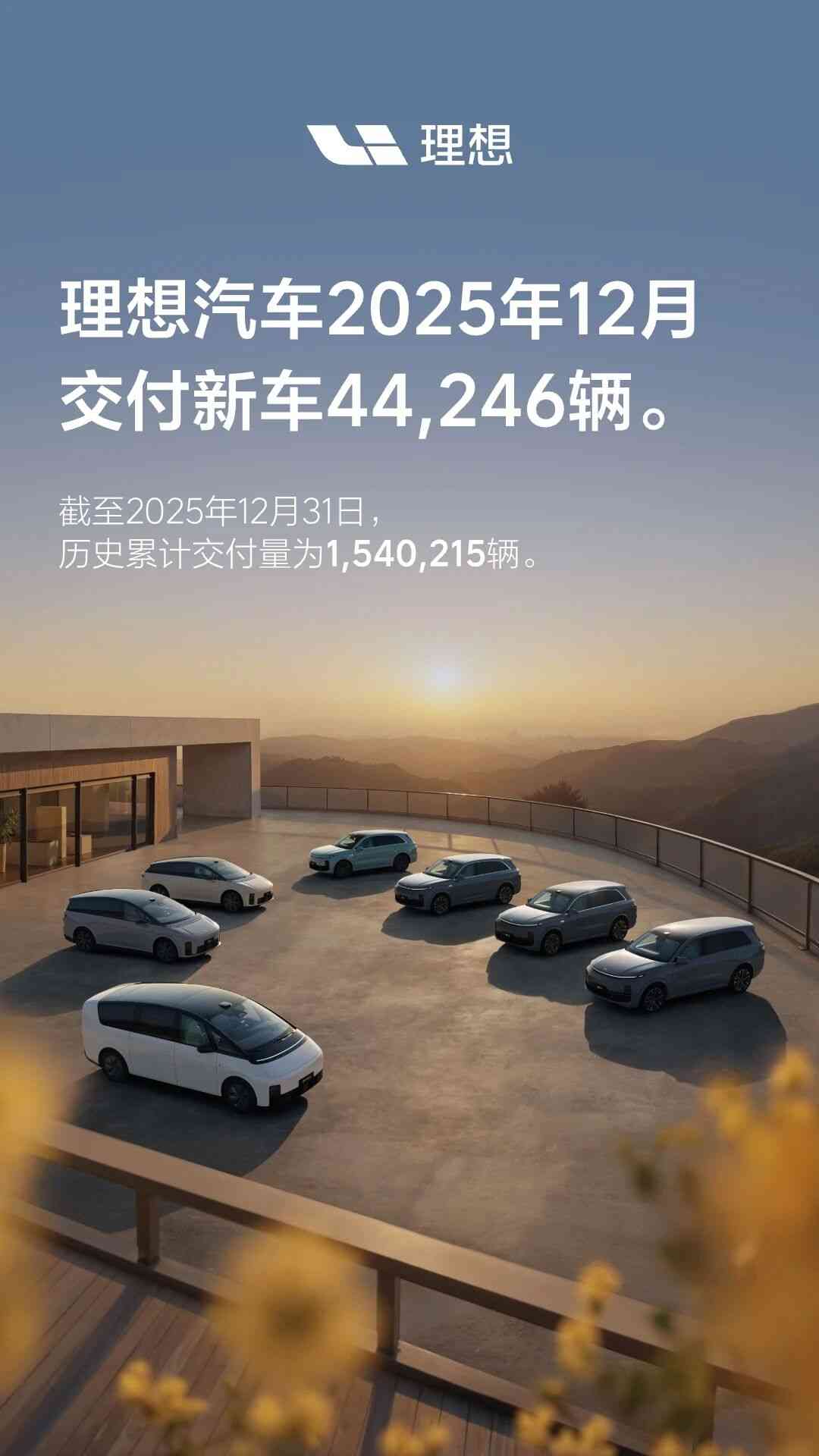 理想汽车12月交付44246辆 累计突破150万辆里程碑-云溯流金坦汽车资讯