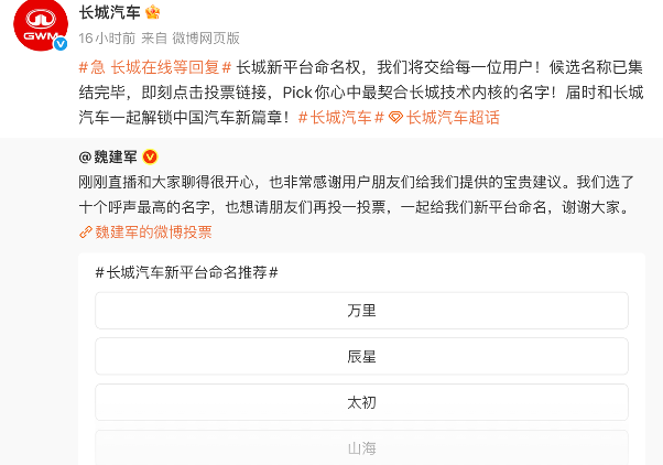 长城汽车，又一次全网“征名”